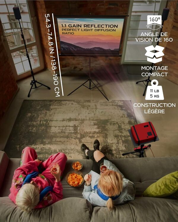 Écran de Projection sur Pieds 60 Pouces - Écran pour projecteur intérieur et extérieur pour Films ou présentations - Écran sur trépied HD Premium sans pli 16:9 avec Sac de Transport et Sangles, Mat