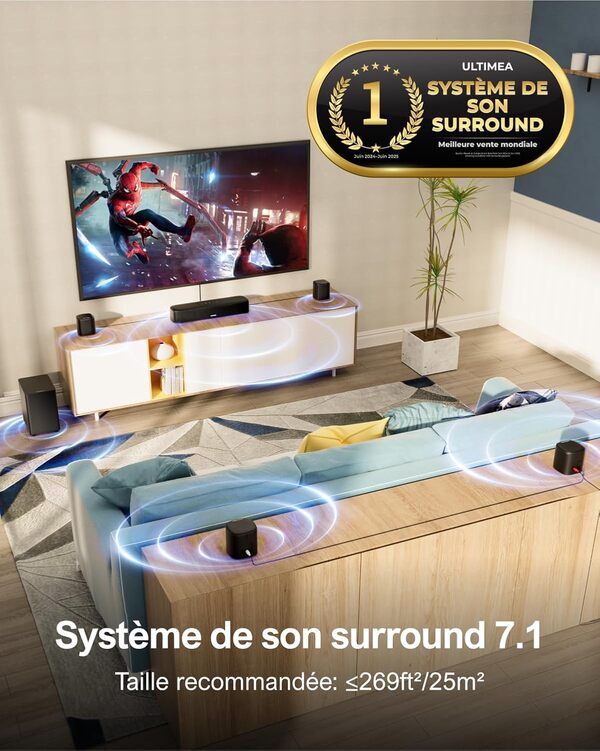 ULTIMEA 7.1 Barre de Son TV, Barres de Son 330W pour Home Cinema, Système de Son Surround Virtuel pour TV, Soundbar avec Caisson de Basse, 4 Haut-parleurs Surround, App Contrôle, Opt/AUX/BT, Aura A40