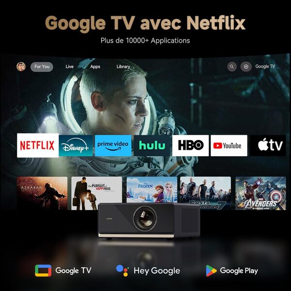 Videoprojecteur 4K HDR10【Google TV/Netflix Officiel/1100 ANSI】 1080P Natif, WiFi Bluetooth, 12W Haut-Parleurs, Auto Focus/Keystone, WANBO X5 Pro Projecteur Video Portable Home Cinéma HDMI2.0