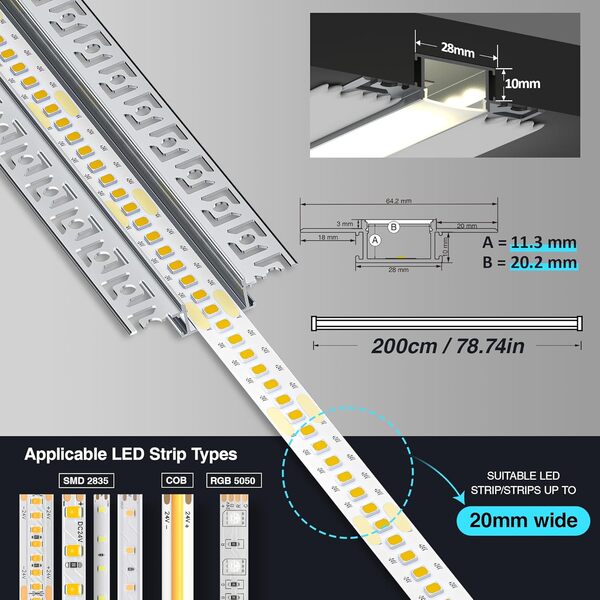 10 x Profilé LED Encastrable 2 m (Total 20 m) Profilés en Aluminium pour Ruban LED, Largeur jusqu'à 20 mm ou Deux Rubbans LED, Dimensions : 61.8 x 13.8 mm, Couvercle PC Semi-Transparent [Classe énergétique A+++]