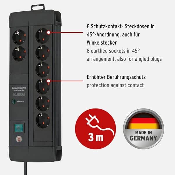 Brennenstuhl Premium-Line Bloc multiprise 8 Prises avec Protection Contre Les surtensions (câble de 3 m, avec Interrupteur, fabriqué en Allemagne) Noir