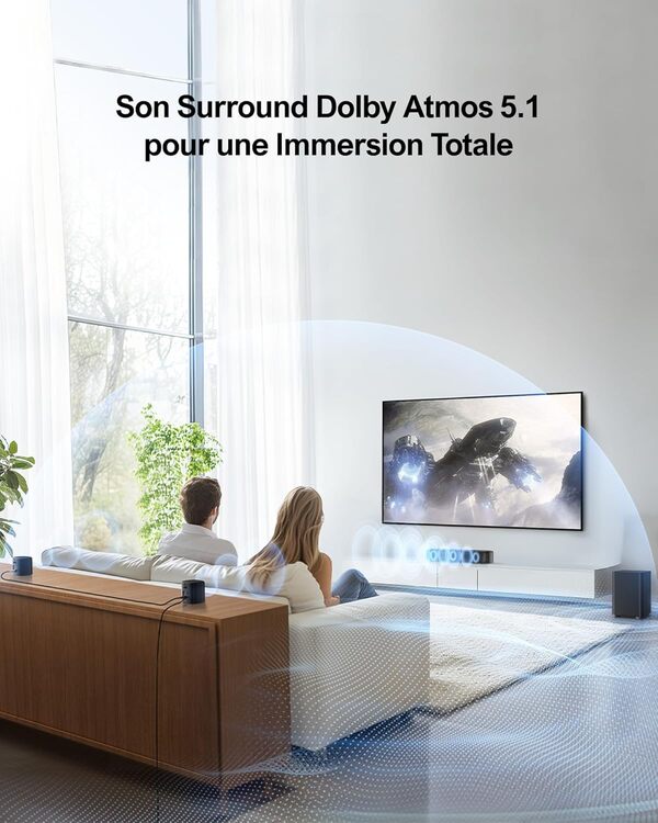 ULTIMEA Barre de Son 5.1ch avec Dolby Atmos, Système Surround pour TV, Barres de Son pour Home Cinema, 2 Haut-parleurs Surround, HDMI eARC/Opt/AUX/BT, Contrôle par App, Aura A50 Pro