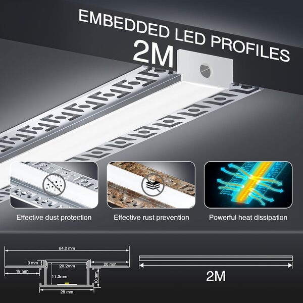 Profilé LED Encastrable 26 x 2m – Profilé U Forme pour Ruban LED Jusqu’à 20,2 mm – Diffuseur Laiteux, Embouts – Canal Aluminium pour Ruban, Installation Facile [Classe énergétique A+++]
