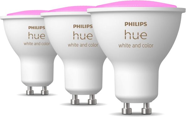 Philips Hue White and Color Ambiance Ampoule LED connectée Pack de 3, culot GU10, 350 lumens (équivalent 50W). Compatible Bluetooth. Fonctionne avec Alexa, Google Assistant et Apple HomeKit [Classe énergétique G]