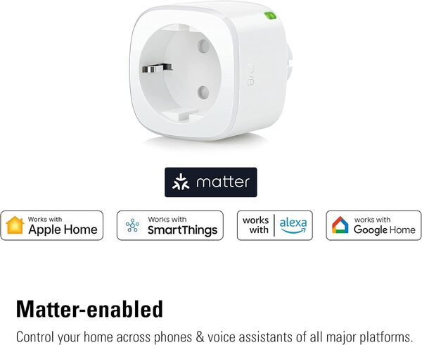 Eve Energy (Matter) lot de 4 – Prise intelligente, contrôle via une app et par commande vocale, Fonctionne avec Apple Home, Alexa, Google Home, SmartThings, Nécessite un concentrateur