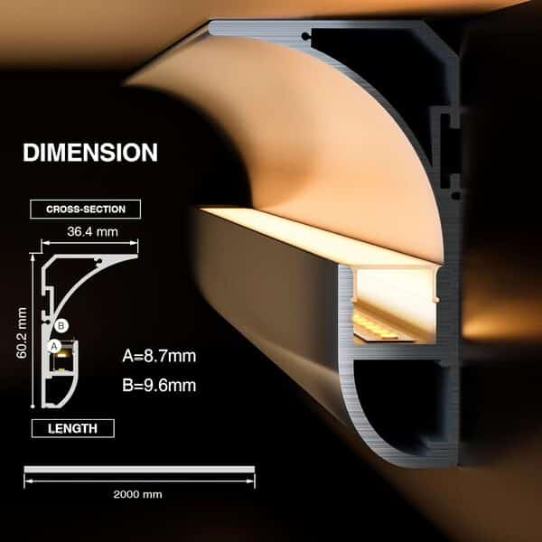 Profilés en aluminium pour plafonds et bandes LED d'angle 2 m x 5 pièces tailles 36,4 mm x 60,2 mm, Convient pour l'installation de plinthes et d'angles supérieurs (SP57) [Classe énergétique A]