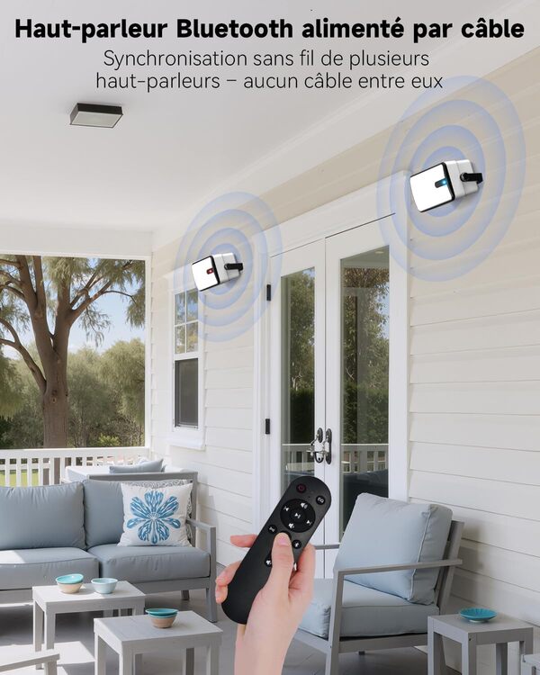Plyee Audio 250W Haut-parleurs Bluetooth Extérieurs, Synchronisation sans Fil Entre Haut-parleurs, Montage Murale pour Terrasse, Véranda, Gazebo, Garage, Pack de 2 (MZ-632)