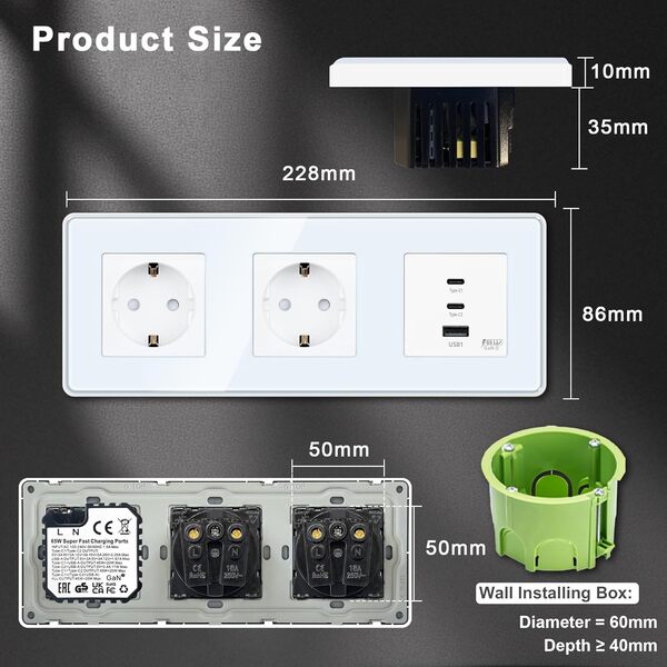 TAWOIA Prise Schuko avec interface de charge rapide de type C et USB de 65 W pour téléphones portables, tablettes et ordinateurs portables, 2 compartiments encastrés avec plaque en verre incurvé 2,5D
