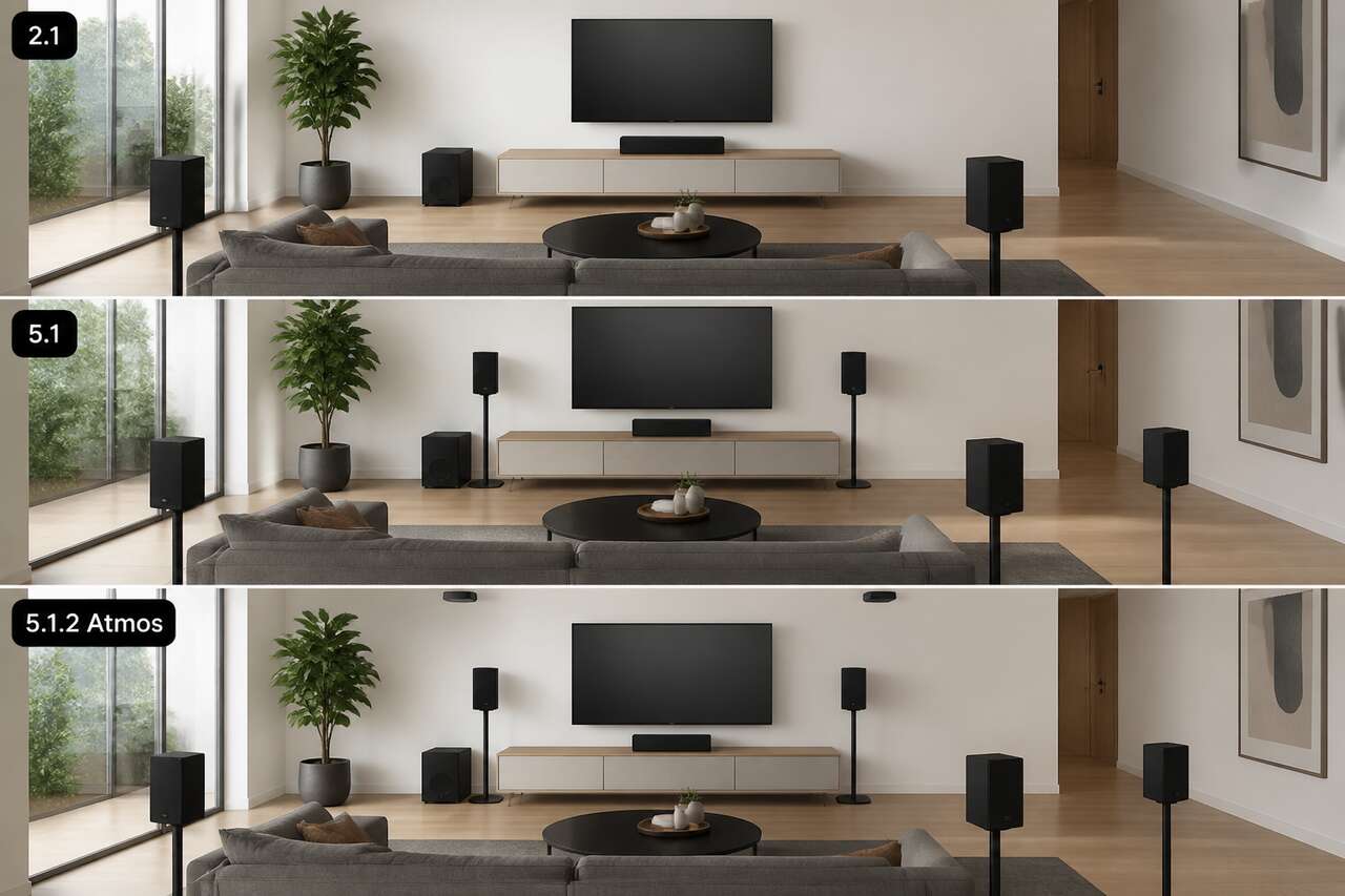 Définir la configuration : 2.1, 5.1, 5.1.2 atmos et placement des enceintes Définir la configuration : 2.1, 5.1, 5.1.2 atmos et placement des enceintes