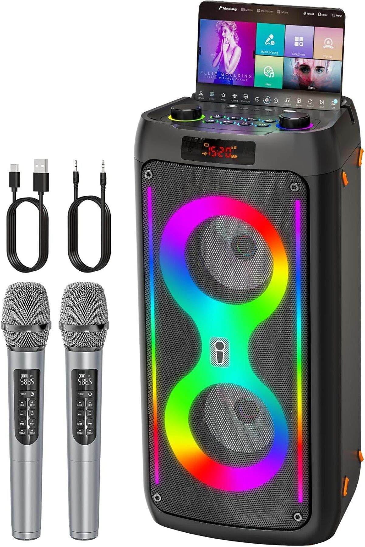 Test de la machine à karaoké Bluetooth avec lumières disco et microphones sans fil